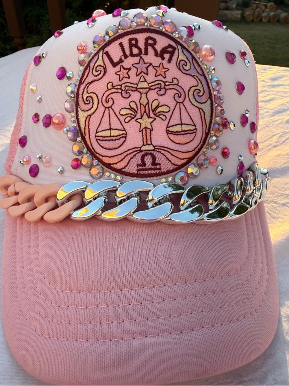 Libra Embroidered  custom Rhinestone Pink Trucker Hat